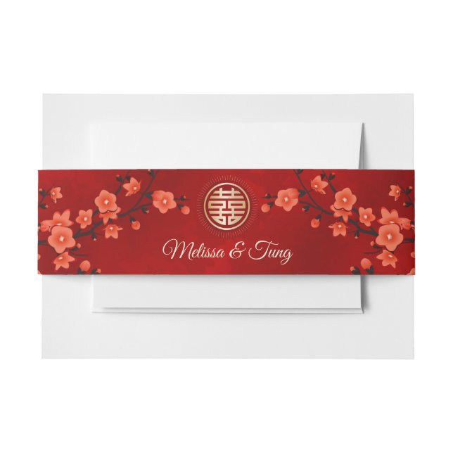   Red Cherry Blossoms Gold Chinese Wedding Custom  Invitation Belly Band (Front Example)