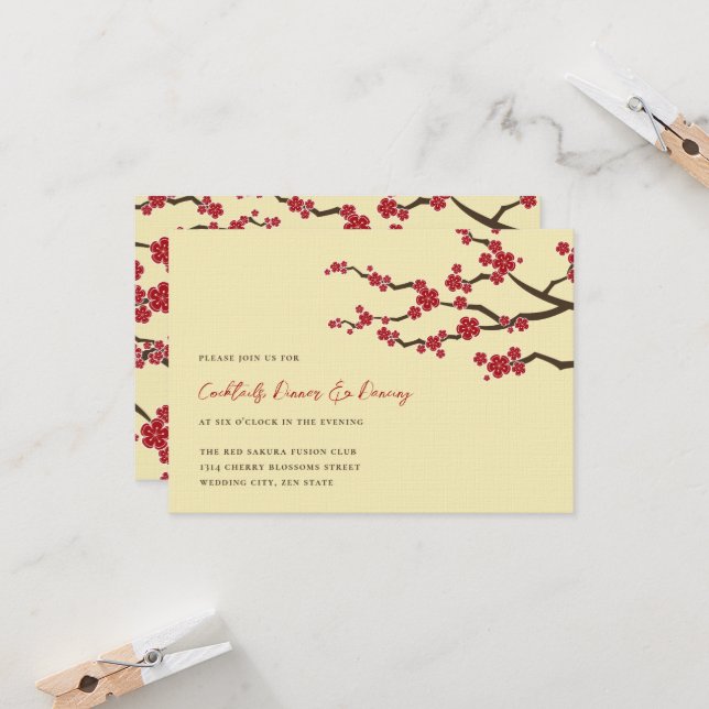 Red Cherry Blossoms Sakura Flowers Asian Wedding Invitation (Front/Back In Situ)