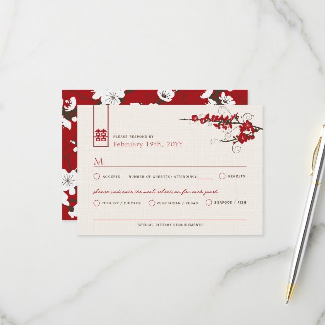 Red Cherry Blossoms Sakura Swirls Asian Wedding RSVP Card (Front/Back In Situ)