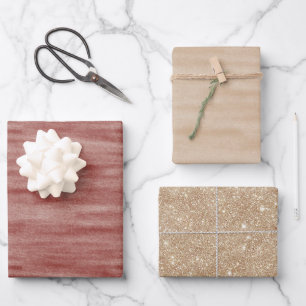 Red Cherry Blush Cream Gold Glitter Christmas Wrapping Paper Sheet