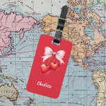 Red cherry bow pink name luggage tag<br><div class="desc">Red cherries with pink bow. Red background. Personalize and add your name. White text. 

Back: add your contact information</div>