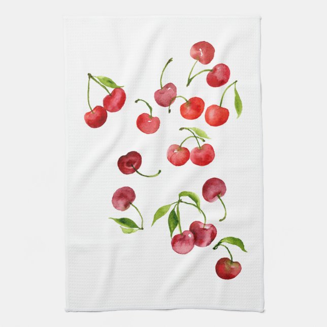 Red cherry cherries watercolor kitchen towel (Vertical)
