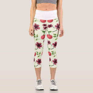 Red Cherry Floral Pattern Capri Leggings