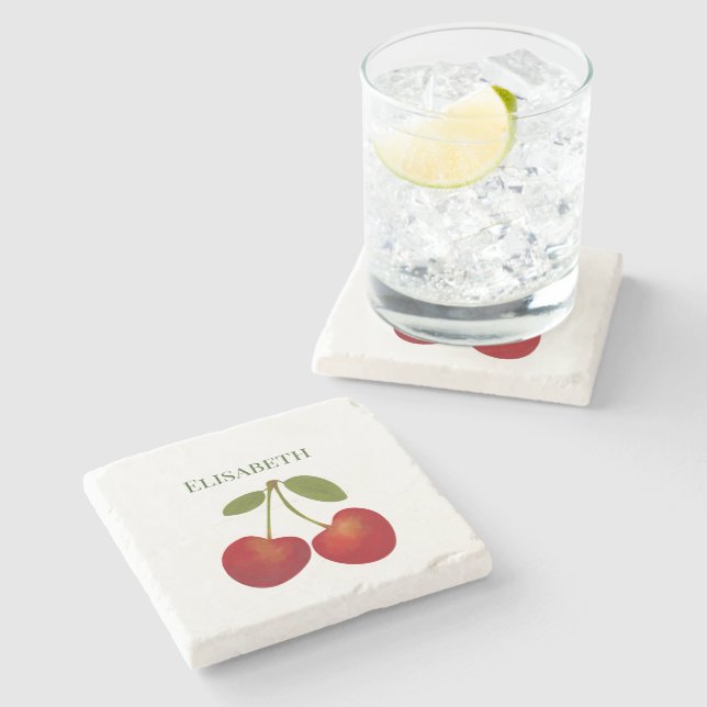 Red Cherry Fruit Personalize Name Stone Coaster (Side)