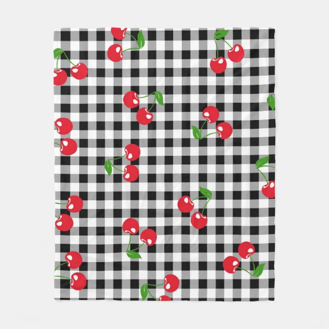 Red Cherry Gingham Black & White Chequered Cozy  Fleece Blanket (Front)