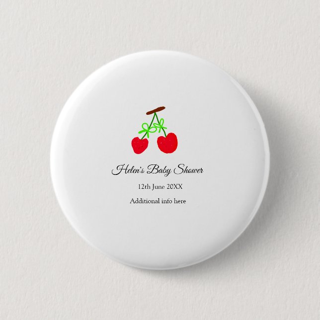 red Cherry green bow add name date baby shower 2 Inch Round Button (Front)