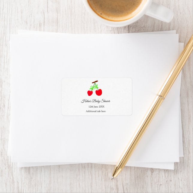 red Cherry green bow add name date baby shower Label (Insitu)
