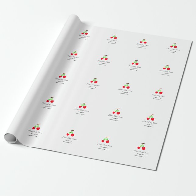 red Cherry green bow add name date baby shower Wrapping Paper (Unrolled)