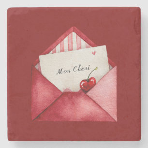 Red Cherry Heart Envelope Valentine's Day Stone Coaster