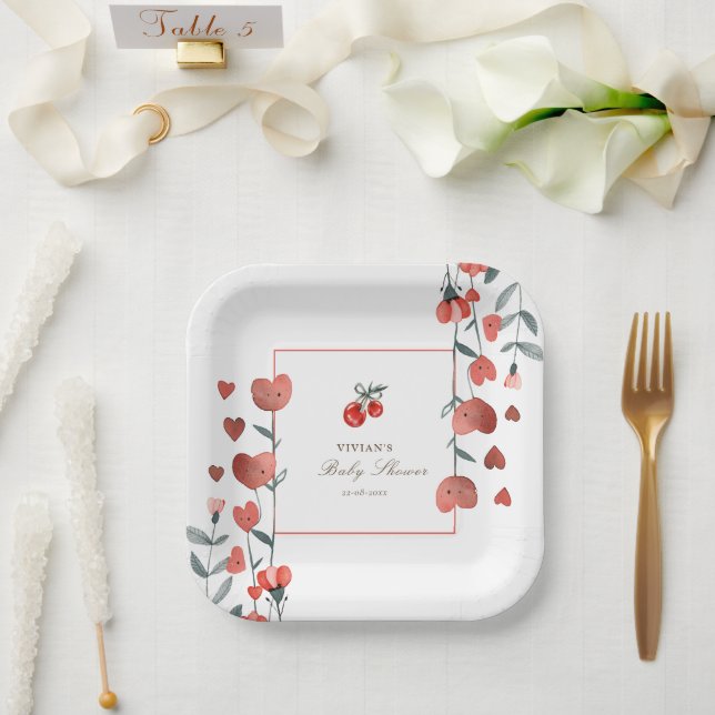 Red Cherry Heart Floral Baby Shower Paper Plate (Wedding)