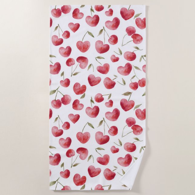 Red Cherry Hearts Beach Towel (Front)