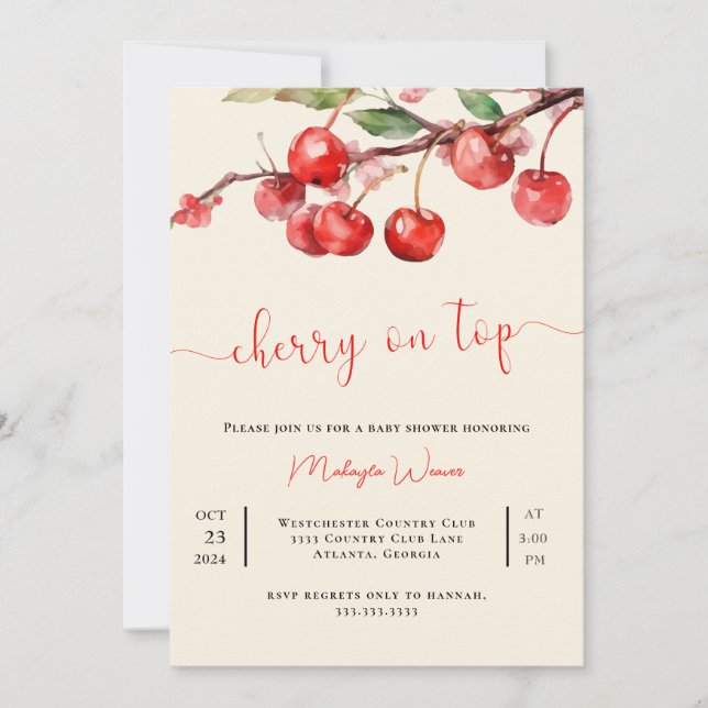 red Cherry on Top Baby Girl Shower Invitation (Front)
