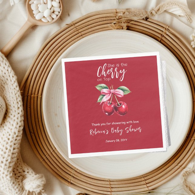 Red Cherry on Top Coquette Pink Bow Baby Shower Napkin (Creator Uploaded)