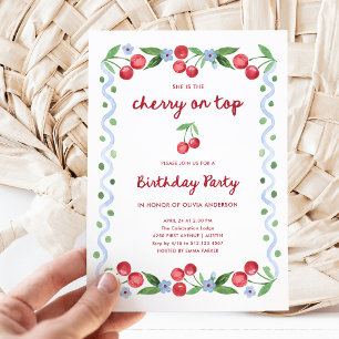 Red Cherry on Top Whimsical Vintage Birthday Party Invitation
