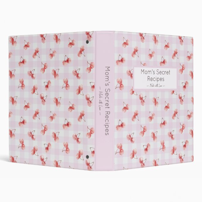 Red Cherry Pastel Pink Gingham Custom Mom's Recipe Binder (Background)