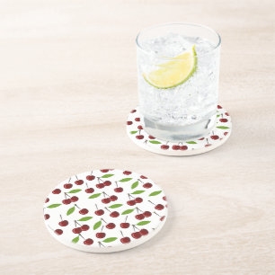 Red Cherry, Pattern Of Cherries, Leaves, Fruit Coaster