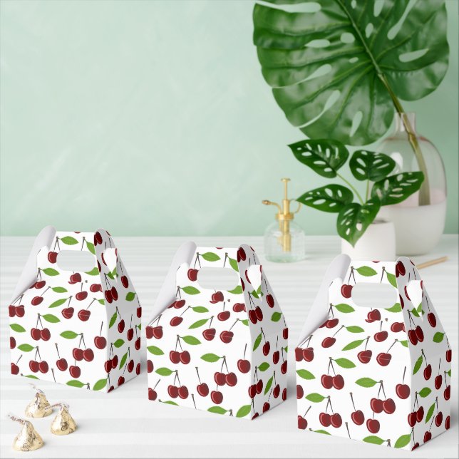 Red Cherry, Pattern Of Cherries, Leaves, Fruit Favor Box (Multiple)