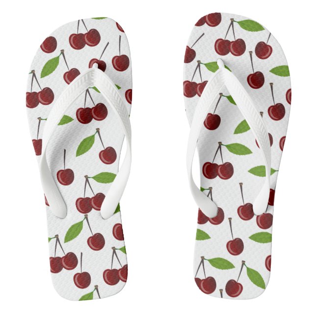 Red Cherry, Pattern Of Cherries, Leaves, Fruit Flip Flops (Footbed)