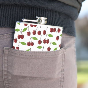 Red Cherry, Pattern Of Cherries, Leaves, Fruit Hip Flask