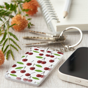 Red Cherry, Pattern Of Cherries, Leaves, Fruit Keychain