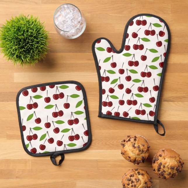Red Cherry, Pattern Of Cherries, Leaves, Fruit Oven Mitt & Pot Holder Set (Top Down)