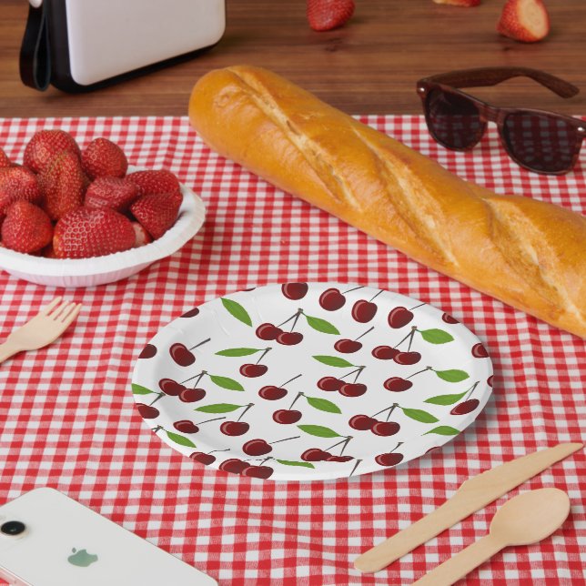 Red Cherry, Pattern Of Cherries, Leaves, Fruit Paper Plate (Picnic)