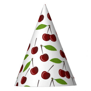 Red Cherry, Pattern Of Cherries, Leaves, Fruit Party Hat