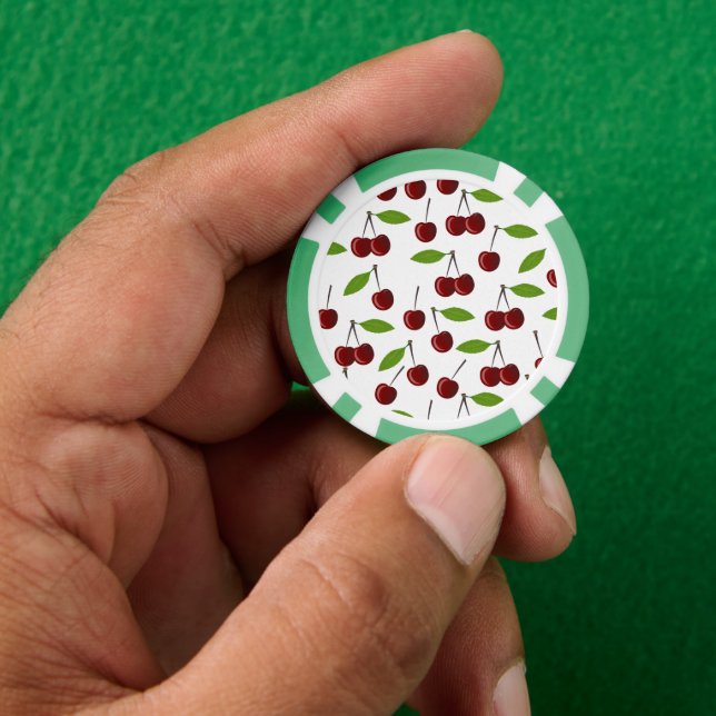 Red Cherry, Pattern Of Cherries, Leaves, Fruit Poker Chips (Hand)