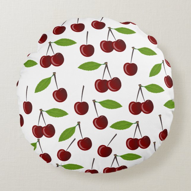 Red Cherry, Pattern Of Cherries, Leaves, Fruit Round Pillow (Front)