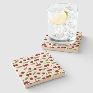Red Cherry, Pattern Of Cherries, Leaves, Fruit Stone Coaster