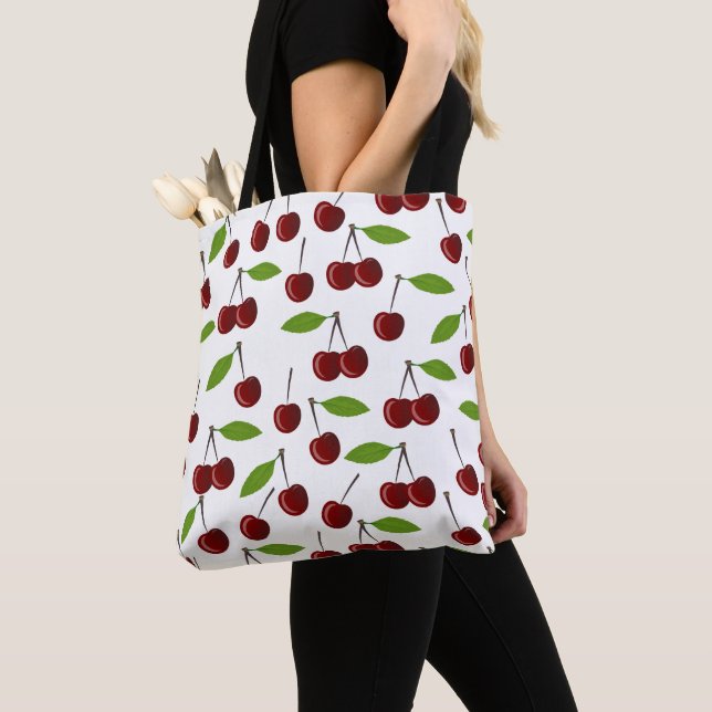 Red Cherry, Pattern Of Cherries, Leaves, Fruit Tote Bag (Close Up)