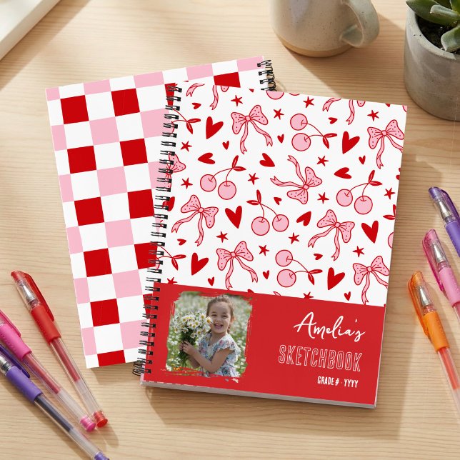 Red Cherry & Pink Bows Custom Photo Sketchbook Notebook (Personalized photo Sketchbook with coquette cherries & bow and pink & red checkerboard pattern.)