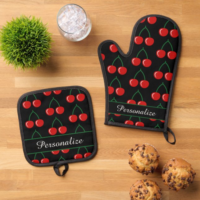 Red cherry print personalized kitchen oven mitt & pot holder set (Top Down)