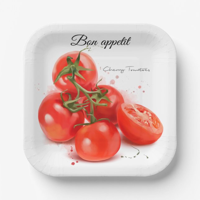 Red cherry tomatoes and spray watercolor painting	 paper plate (Front)