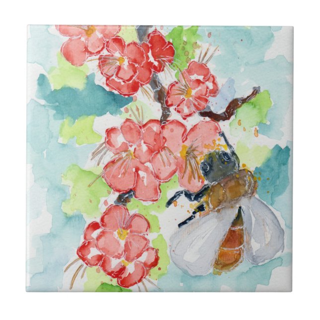 Red Cherry Tree Blossoms and Bee Tile (Front)
