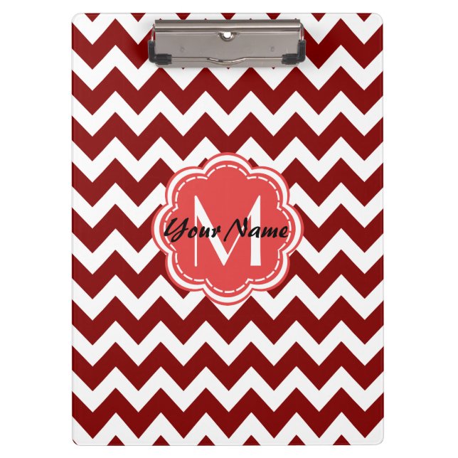 Red Chevron Floral Monogram, Personalized Name Clipboard (Front)