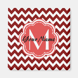 Red Chevron Floral Monogram, Personalized Name Magnet