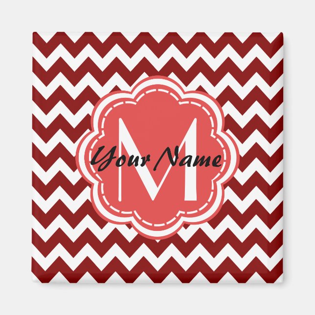 Red Chevron Floral Monogram, Personalized Name Magnet (Front)
