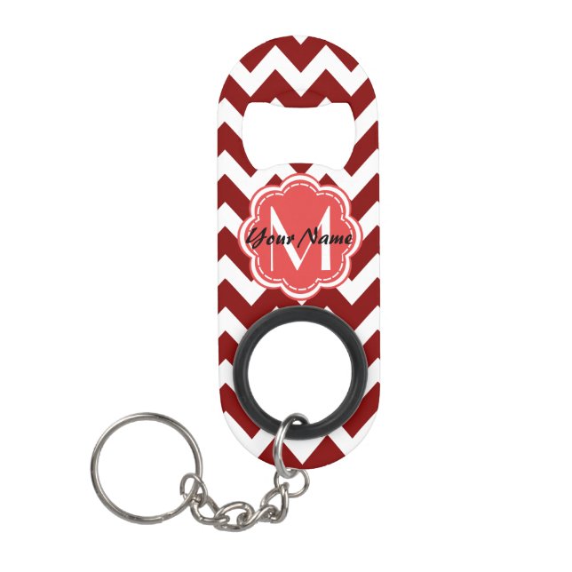 Red Chevron Floral Monogram, Personalized Name Mini Bottle Opener (Front)