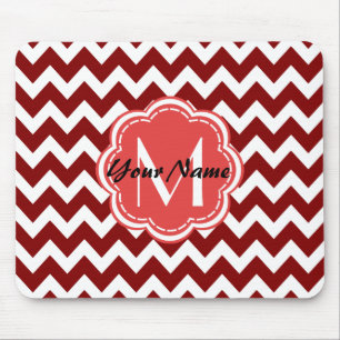 Red Chevron Floral Monogram, Personalized Name Mouse Pad