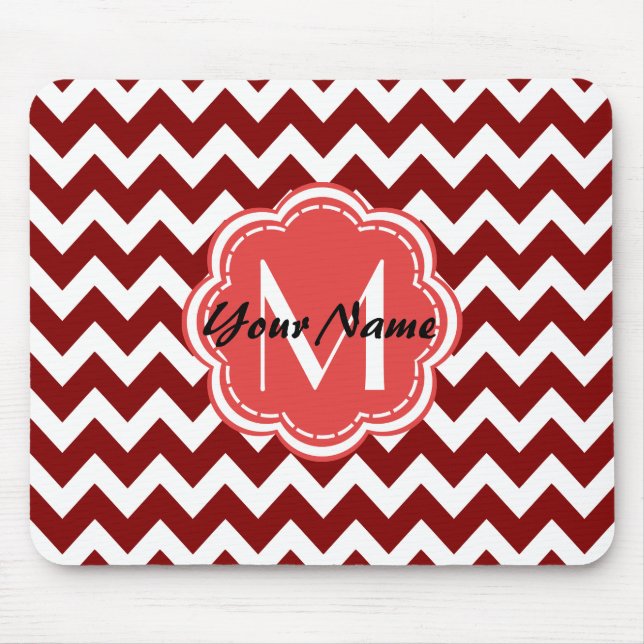 Red Chevron Floral Monogram, Personalized Name Mouse Pad (Front)