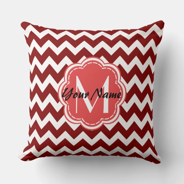 Red Chevron Floral Monogram, Personalized Name Throw Pillow (Front)