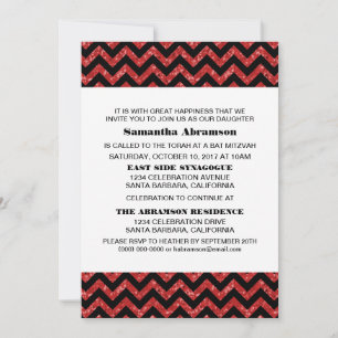 Red Chevron Glitter Bat Mitzvah Invite