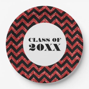 Red Chevron Glitter Graduation Paper Plates
