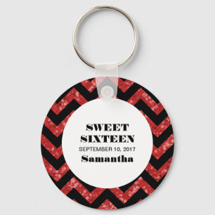 Red Chevron Glitter Sweet 16 Keychain