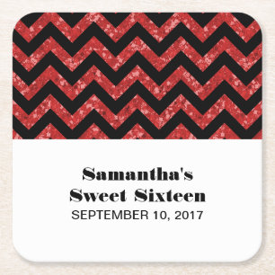 Red Chevron Glitter Sweet 16 Paper Coasters