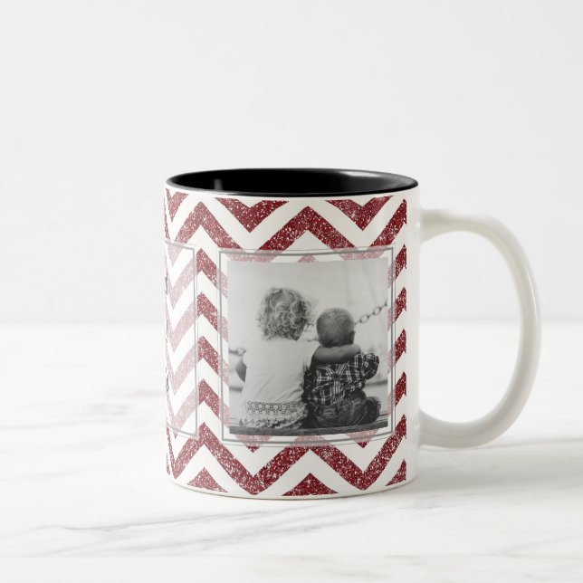Red Chevron Glitter w/ 2 Pictures Design Your Own Two-Tone Coffee Mug (Right)