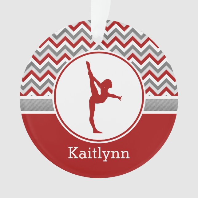 Red Chevron Gymnast Personalized w/ Monogram Ornament (Front)