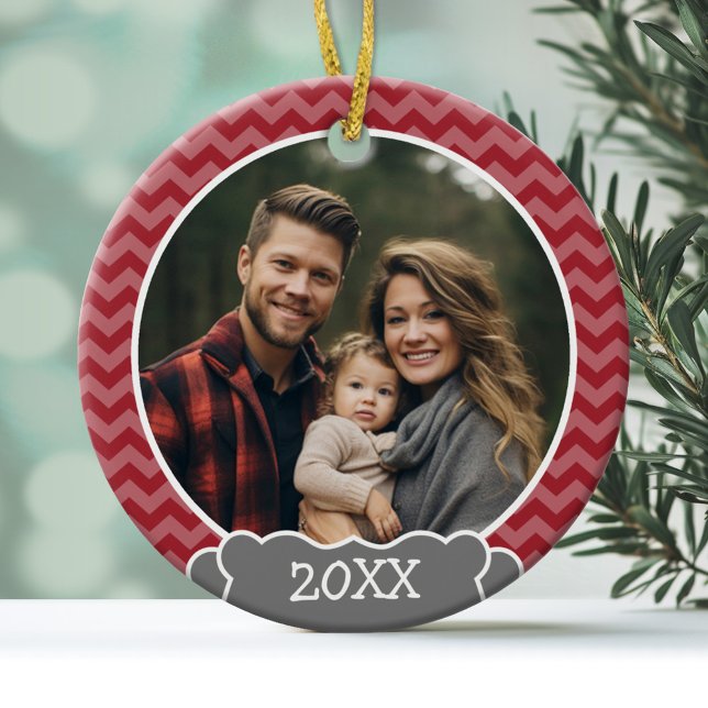 Red chevrons photo frame with year ceramic ornament (A modern photo ornament with a red chevron border and place to add a year.)