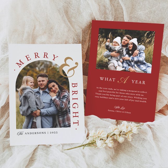 Red Chic Charm Merry & Bright Arch Photo Holiday Card (Creator Uploaded)